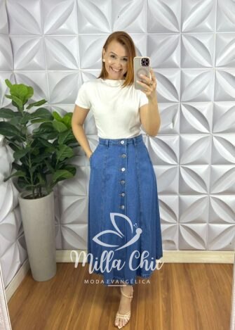 Saia Jeans Com Botões Evase Mídi Hosana - Jeans - Milla Chic