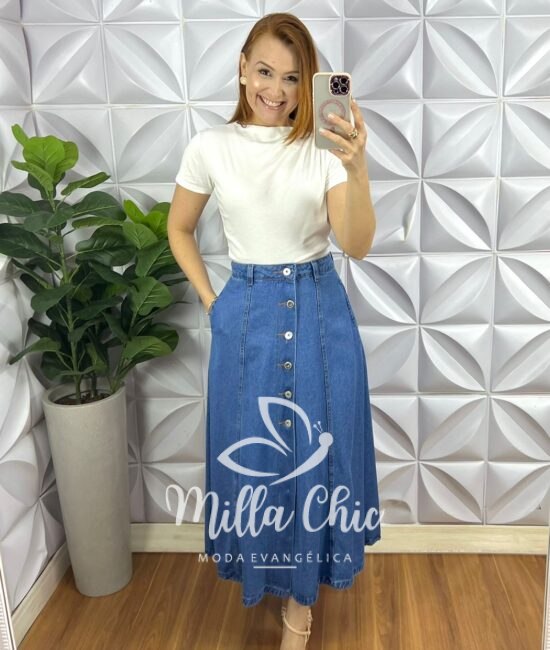 Saia Jeans Com Botões Evase Mídi Hosana - Jeans - Milla Chic