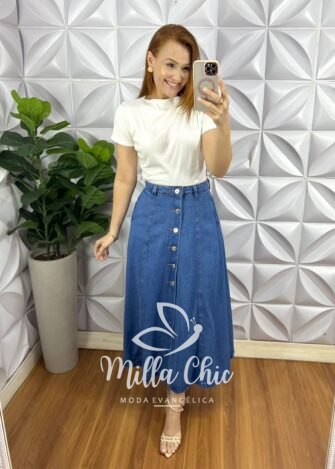 Saia Jeans Com Botões Evase Mídi Hosana - Jeans - Milla Chic