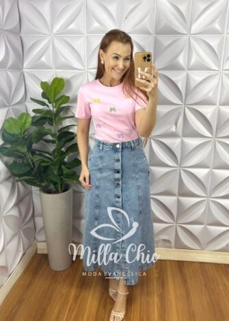 Saia Jeans Com Botões Metalizado Evase Fenda Frontal Mídi Hosana - Jeans - Milla Chic