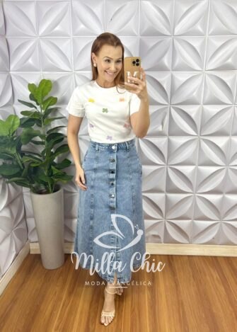 Saia Jeans Com Botões Metalizado Evase Fenda Frontal Mídi Hosana - Jeans - Milla Chic