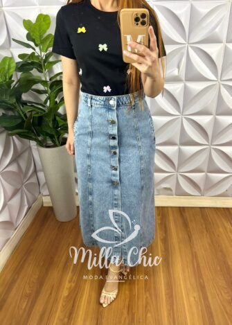 Saia Jeans Com Botões Metalizado Evase Fenda Frontal Mídi Hosana - Jeans - Milla Chic