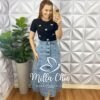 Saia Jeans Com Botões Metalizado Evase Fenda Frontal Mídi Hosana - Jeans - Milla Chic