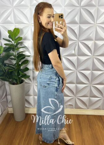 Saia Jeans Com Botões Metalizado Evase Fenda Frontal Mídi Hosana - Jeans - Milla Chic