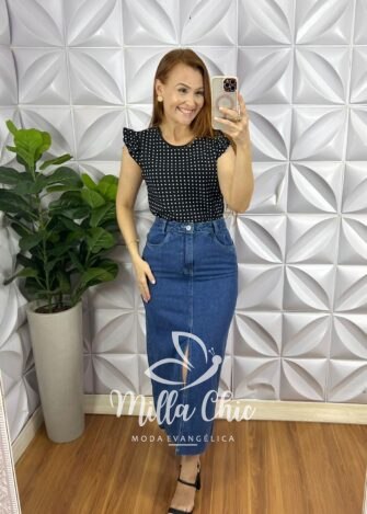 Saia Jeans Com Fendas Frontal Mídi Fáby - Jeans - Milla Chic