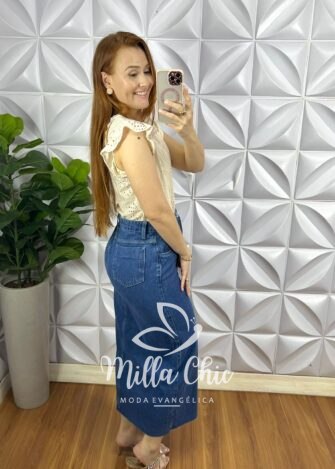 Saia Jeans Com Fendas Frontal Mídi Fáby - Jeans - Milla Chic