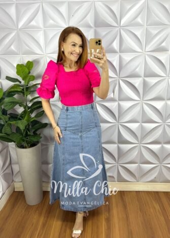 Saia Jeans Longa Evase Com Nesgas e Recortes Aline - Jeans Claro - Milla Chic