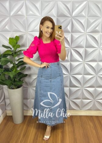 Saia Jeans Longa Evase Com Nesgas e Recortes Aline - Jeans Claro - Milla Chic