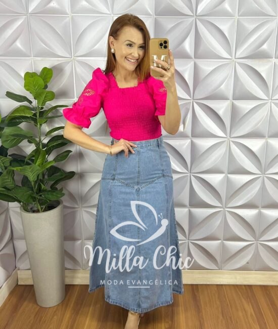 Saia Jeans Longa Evase Com Nesgas e Recortes Aline - Jeans Claro - Milla Chic