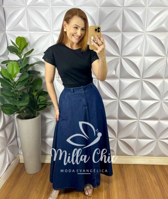 Saia Jeans Longa Godê Lastex Nas Costas Com Bolso Maiara - Jeans - Milla Chic