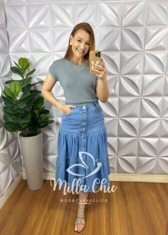 Saia Jeans Mídi com Botões Três Marias Valentina - Jeans Claro - Milla Chic