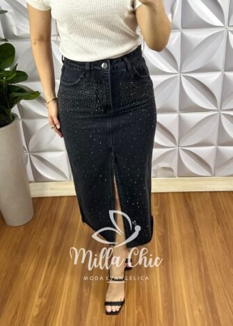 Saia Jeans Mídi Fenda Frontal Toda Com Aplicação de Strass Ester - Preta - Milla Chic