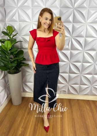 Saia Jeans Mídi Fenda Frontal Toda Com Aplicação de Strass Ester - Preta - Milla Chic