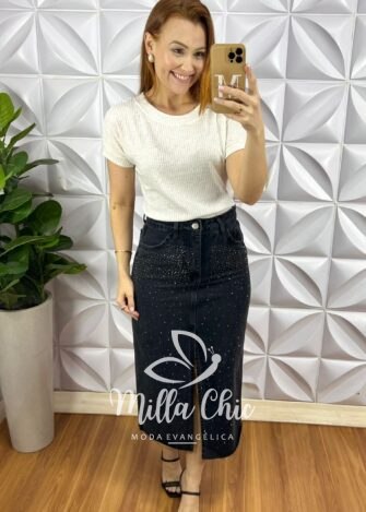 Saia Jeans Mídi Fenda Frontal Toda Com Aplicação de Strass Ester - Preta - Milla Chic