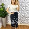 Saia Jeans Mídi Fenda Frontal Toda Com Aplicação de Strass Ester - Preta - Milla Chic