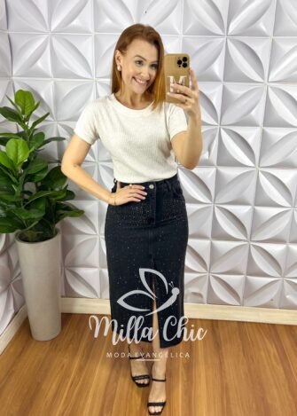 Saia Jeans Mídi Fenda Frontal Toda Com Aplicação de Strass Ester - Preta - Milla Chic