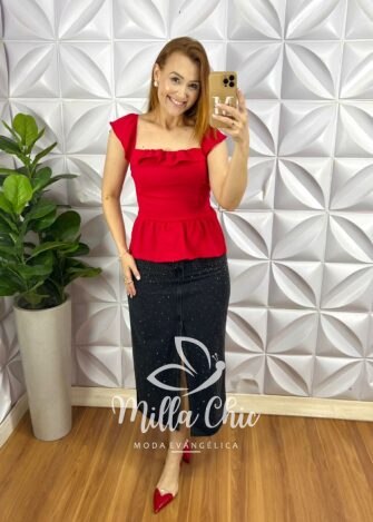 Saia Jeans Mídi Fenda Frontal Toda Com Aplicação de Strass Ester - Preta - Milla Chic