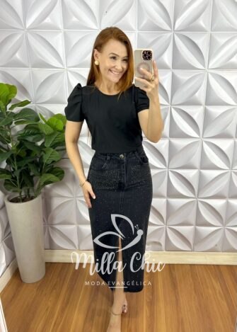 Saia Jeans Mídi Fenda Frontal Toda Com Strass Ester - Preta - Milla Chic