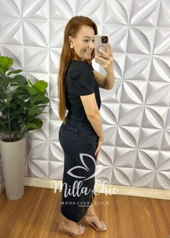 Saia Jeans Mídi Fenda Frontal Toda Com Strass Ester - Preta - Milla Chic