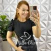 Saia Jeans Mídi Fenda Frontal Toda Com Strass Ester - Preta - Milla Chic