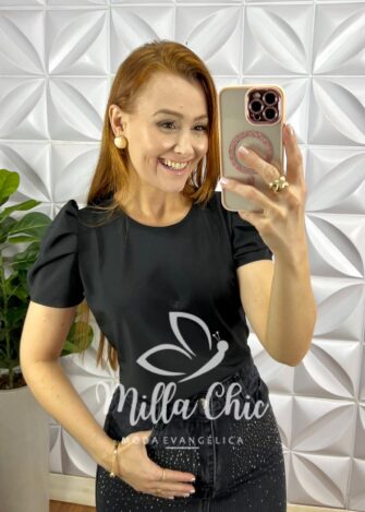 Saia Jeans Mídi Fenda Frontal Toda Com Strass Ester - Preta - Milla Chic