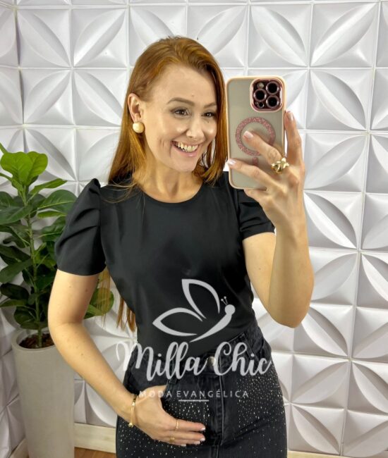 Saia Jeans Mídi Fenda Frontal Toda Com Strass Ester - Preta - Milla Chic