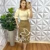 Saia Jeans Sarjada Midi Com Fenda Lateral Cinto com Detalhes Dourado Carla - Cappuccino - Milla Chic