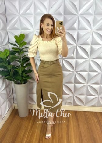 Saia Jeans Sarjada Midi Com Fenda Lateral Cinto com Detalhes Dourado Carla - Cappuccino - Milla Chic