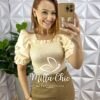 Saia Jeans Sarjada Midi Com Fenda Lateral Cinto com Detalhes Dourado Carla - Cappuccino - Milla Chic