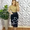 Saia Jeans Sarjada Midi Com Fenda Lateral Cinto com Detalhes Dourado Carla - Preta - Milla Chic