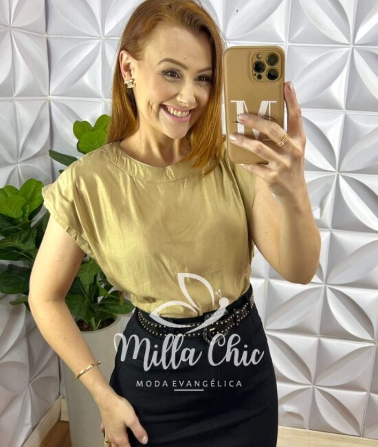 Saia Jeans Sarjada Midi Com Fenda Lateral Cinto com Detalhes Dourado Carla - Preta - Milla Chic