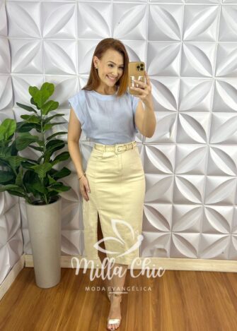 Saia Jeans Sarjada Midi Com Fenda Lateral Cinto com Detalhes Dourado Carla - Off - Milla Chic