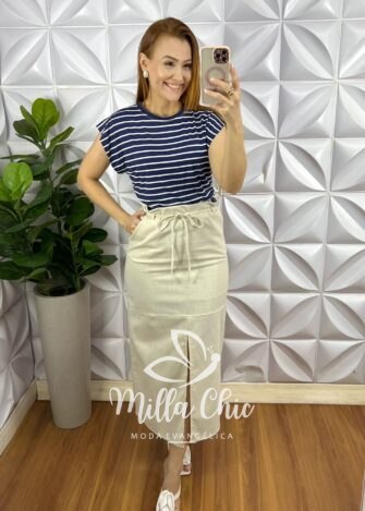 Saia Linhão Com Fenda Frontal e Fita Cinto Mídi Valeria - Areia - Milla Chic