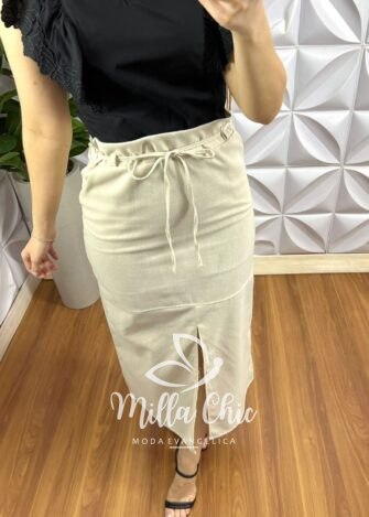 Saia Linhão Com Fenda Frontal e Fita Cinto Mídi Valeria - Areia - Milla Chic