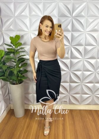 Saia Linho Com Faixas Para Nó Justa Ate o Joelho Tamara - Preto - Milla Chic