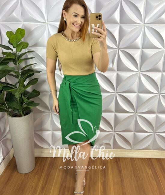 Saia Linho Com Faixas Para Nó Justa Ate o Joelho Tamara - Verde - Milla Chic