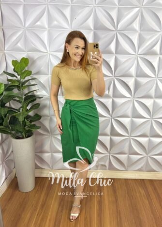 Saia Linho Com Faixas Para Nó Justa Ate o Joelho Tamara - Verde - Milla Chic