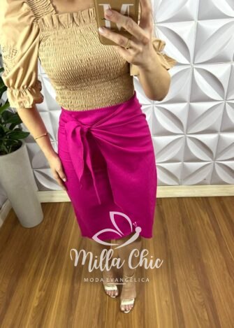Saia Linho Com Faixas Para Nó Justa Ate o Joelho Tamara - Pink - Milla Chic
