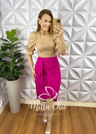 Saia Linho Com Faixas Para Nó Justa Ate o Joelho Tamara - Pink - Milla Chic