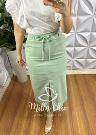 Saia Linhão Com Fenda Frontal e Fita Cinto Mídi Valeria - Menta - Milla Chic