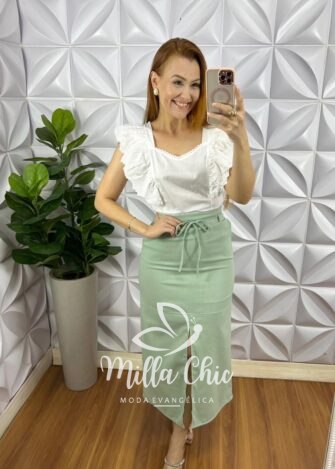 Saia Linhão Com Fenda Frontal e Fita Cinto Mídi Valeria - Menta - Milla Chic
