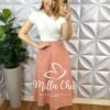 Saia Linho Natural Mídi Zíper Nas Costas Pala Na Cintura Paola - Pêssego - Milla Chic