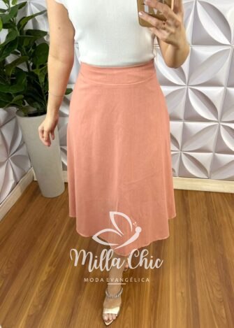 Saia Linho Natural Mídi Zíper Nas Costas Pala Na Cintura Paola - Pêssego - Milla Chic