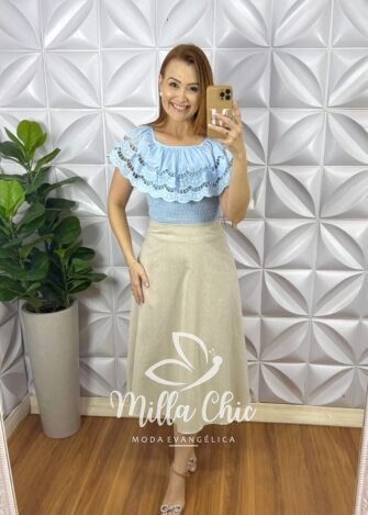 Saia Linho Natural Mídi Zíper Nas Costas Pala Na Cintura Paola - Areia - Milla Chic
