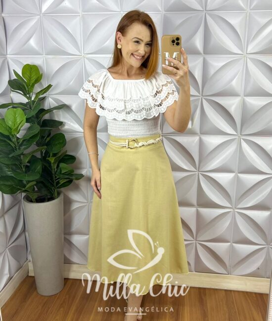 Saia Linho Natural Mídi Zíper Nas Costas Pala Na Cintura Paola - Manteiga - Milla Chic