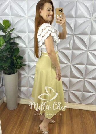 Saia Linho Natural Mídi Zíper Nas Costas Pala Na Cintura Paola - Manteiga - Milla Chic