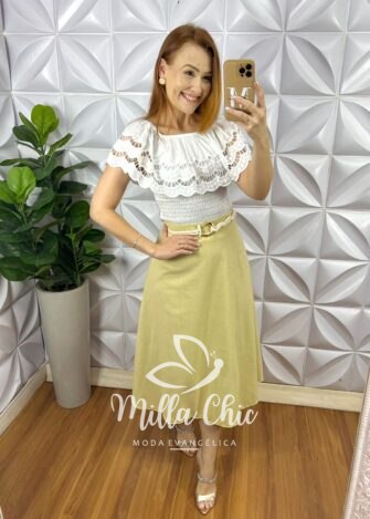Saia Linho Natural Mídi Zíper Nas Costas Pala Na Cintura Paola - Manteiga - Milla Chic