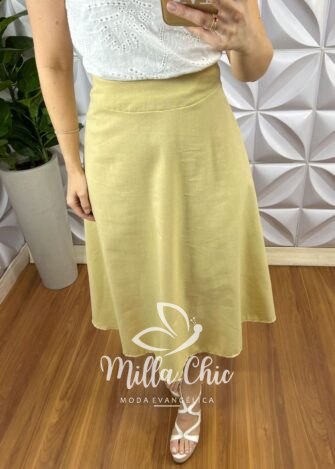 Saia Linho Natural Mídi Zíper Nas Costas Pala Na Cintura Paola - Manteiga - Milla Chic