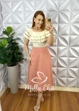 Saia Linho Natural Mídi Zíper Nas Costas Pala Na Cintura Paola - Pêssego - Milla Chic
