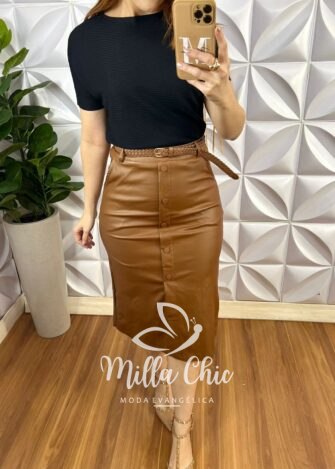 Saia Sarja Resinada Com Cinto E Botões Encapados Meireles - Marrom - Milla Chic